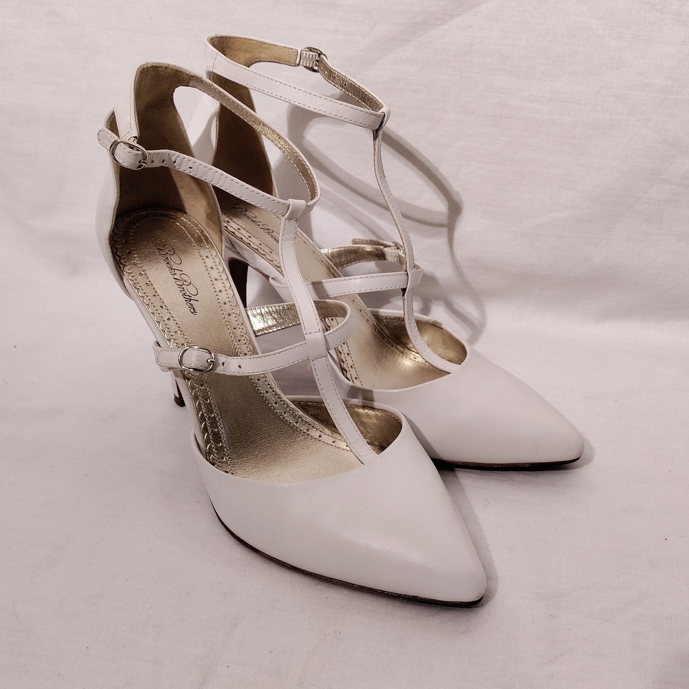 Brooks Brothers White Leather Strap Pointed Toe Stiletto Pumps 3.5" Heel Sz 8